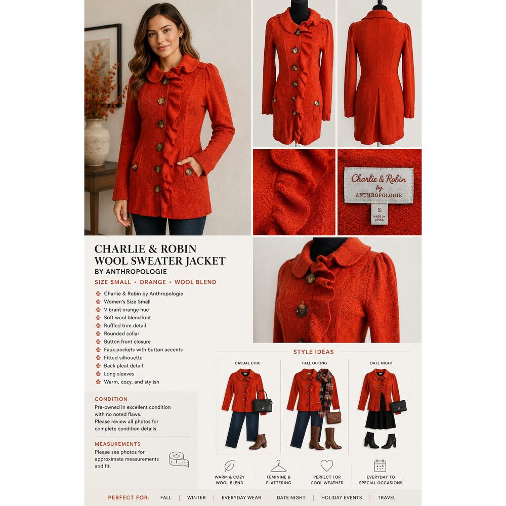 Charlie & Robin Wool Sweater Jacket Anthropologie Orange SZS - Picture 2 of 14